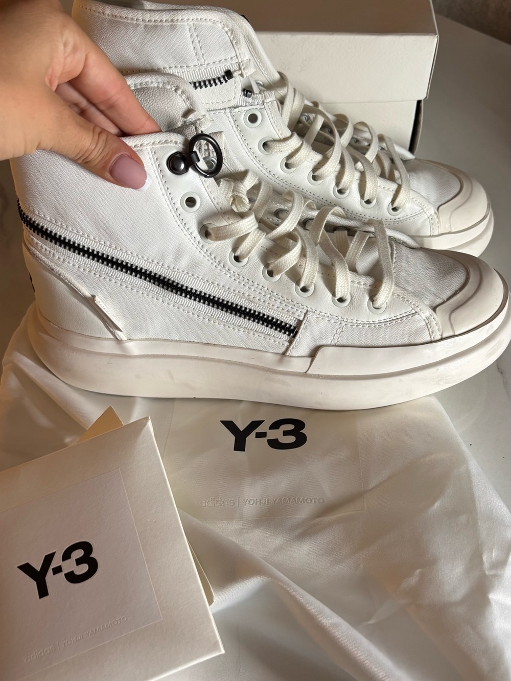 Y-3 White High-Top Canvas Sneakers with Black Zip Detail